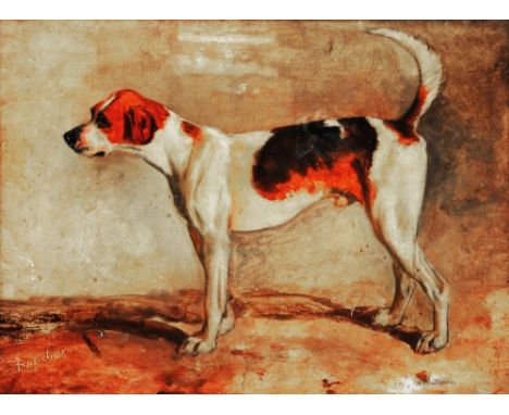 19TH CENTURY ENGLISH SCHOOL Portrait of a foxhound in a landscape, inscribed 'Brusher', oil on board, 28 x 37cm