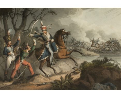 M DUBOURG AFTER W HEATH 'Two French Officers taken by a Sergeant of the 18th Hussars at the Battle of Albuera', aquatint engr