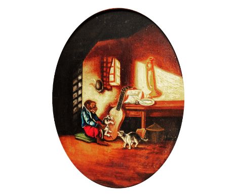 19TH CENTURY NAIVE SCHOOL An interior with monkey and cats playing an upright guitar, oil on panel, 22 x 18cm oval