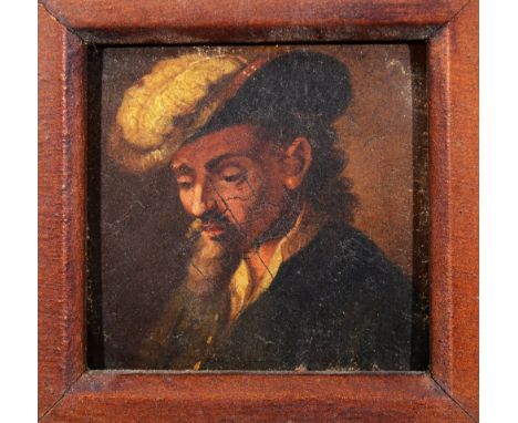 18TH CENTURY CONTINENTAL SCHOOL Head and shoulders portrait of a gentleman wearing feathered cap, oil on panel, 4.5 x 4.5cm