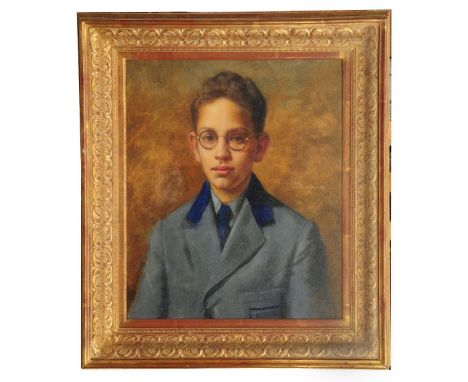 JAN VAN PUYENBROECK (1887-1972) Portrait of Ralph Edgley wearing spectacles, shirt, tie and blue jacket, signed, oil on canva
