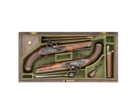 A Cased Pair Of Flintlock Officer's Pistols Of Carbine Bore By D. Egg, London, Circa 1790-1800With rebrowned twist sighted ba