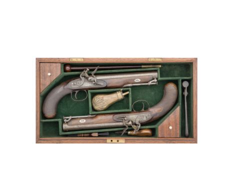 A Cased Pair Of Flintlock Officer's Pistols Of Carbine BoreSigned Smith, London, Early 19th CenturyWith rebrowned sighted bar