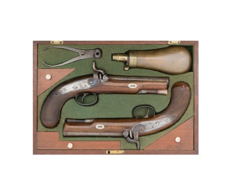 A Cased Pair Of 54-Bore Percussion Travelling Pistols Signed Weatherhead & Co., Derby, Mid-19th CenturyWith browned twist sig