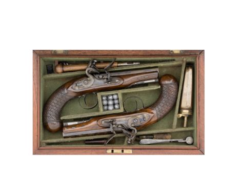 A Cased Pair Of 28-Bore Flintlock Travelling Pistols By Simmons & Howell, Early 19th CenturyWith octagonal sighted barrels ea