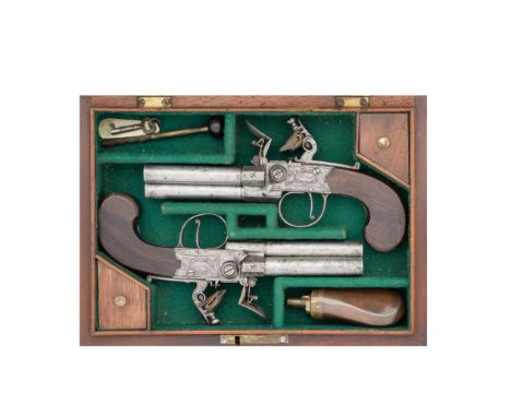 A Cased Pair Of Rare 80-Bore Flintlock Box-Lock Three-Barrelled Tap-Action PistolsBy W. Parker, Holborn, London, Early 19th C