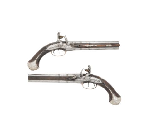 A Very Rare Pair Of 22-Bore Flintlock Over-And-Under Silver-Mounted Holster PistolsBy I. Steward, Henley, Late 17th/Early 18t