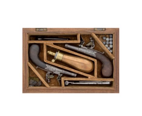 A Cased Pair Of Flintlock Box-Lock Pocket Pistols Of Small BoreBy Mayes, Norwich, Circa 1820With turn-off barrels each engrav