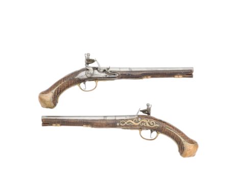 A Pair Of 25-Bore Flintlock Brass-Mounted Holster Pistols By I. Cosens Of London, Late 17th CenturyWith three-stage barrels n