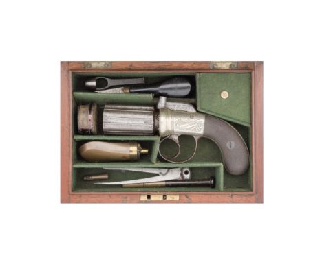 A Cased 80-Bore Percussion Six-Shot Pepperbox RevolverSigned Blake & Co., London, Circa 1850With fluted barrels engraved arou