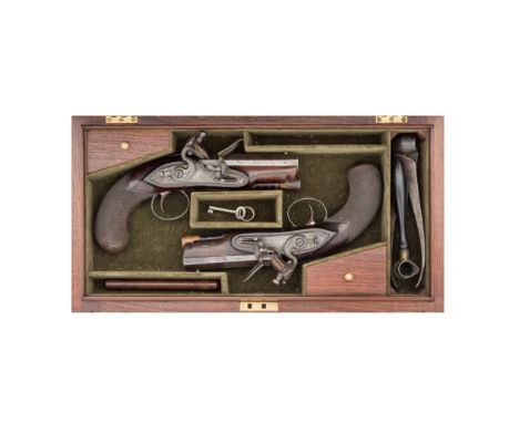 A Cased Pair Of 15-Bore Flintlock Travelling Or Overcoat Pistols By P. Bond, No. 45 Corn Hill, London, Circa 1815With slightl