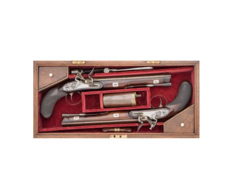 A Cased Pair Of 22-Bore Flintlock Duelling PistolsSigned W. Parker, Holborn, London, No. 2309, Circa 1815-20With rebrowned tw