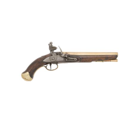 An 18-Bore Flintlock Brass-Barrelled Light Dragoon Service PistolEarly 19th CenturyWith plain barrel and steel tang, refurbis
