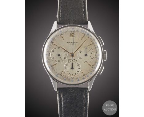 A GENTLEMAN'S LARGE SIZE STAINLESS STEEL UNIVERSAL GENEVE COMPAX CHRONOGRAPH WRIST WATCH
CIRCA 1950, REF. 22427
Movement:&nbs