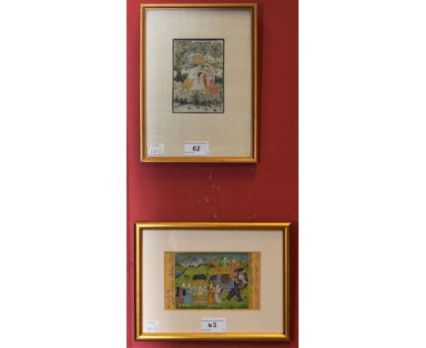 Indian School, a manuscript page, a procession of Mughal dignitaries, script to margins, watercolour and gouache, 9cm x 14.5c