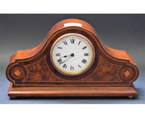 An Edwardian mahogany mantel clock, inlaid, Roman numerals, key