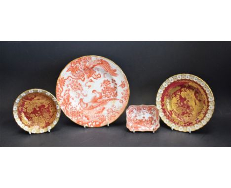 A Royal Crown Derby Red Heraldic Aves pattern plate, 16.5cm; another, small dish, boxed; a Red Aves pattern plate; a similar 