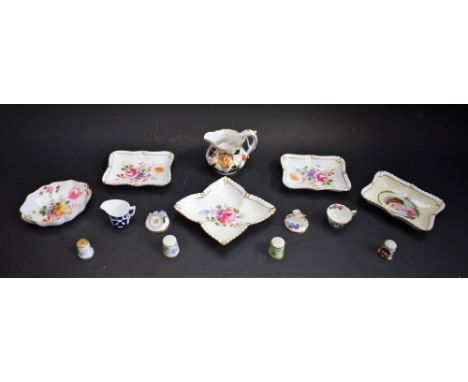 Royal Crown Derby - a miniature floral cup; a pair of place name holders, thimbles; Posies pattern trinket dishes; Coronation