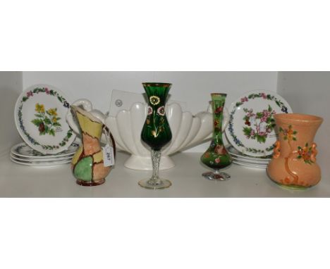 A set of eight Royal Worcester Bradex botannical plates; a green glass vase, hand painted, picked out in gilt; another, simil