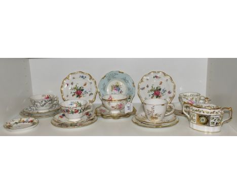 Royal Crown Derby trios including Royal Pinxton Roses pattern, Devonshire pattern, etc; a pair of Derby Days pattern side pla