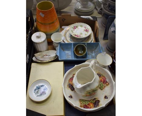 Ceramics - a Shelley orange and green banded Harmony pattern tapering cylinder vase; three section blue bowl; Aynsley Orchard