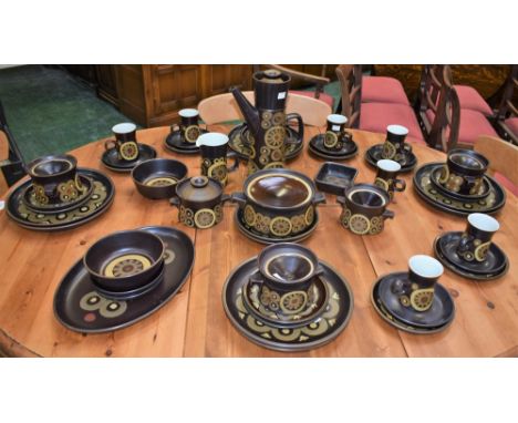 A Denby Stoneware Arabesque pattern dinner, coffee and tea set, including dinner and side plates, oval platter, vegetable dis