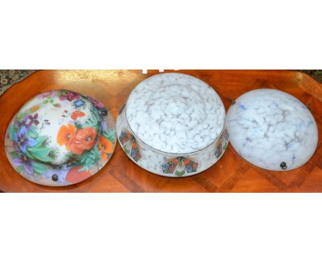 Lighting - an Art Deco marblised and painted circular glass shade; others, floral; etc (3)