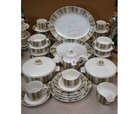 A Midwinter Sienna pattern dinner and tea service, including vegetable dishes, oval platter, soup bowls, tea pot, cups, sauce