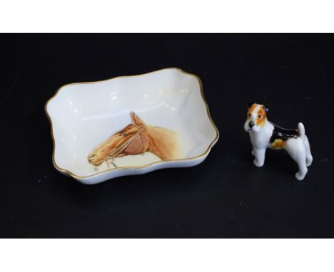 Royal Crown Derby - a novelty MM Barlow painted horse head rectangular trinket dish; a model Airdale Terrier, painted marks (