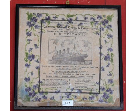 R.M.S. Titanic - a rare memorial paper napkin, Souvenir in Affectionate Remembrance of the Captain, Mates, Crew, & Passengers