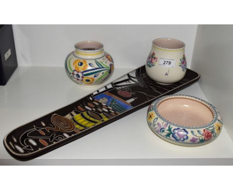 A Poole Pottery vase, decorated in the traditional palette; a Norwegian Studio Pottery tray; etc (4)