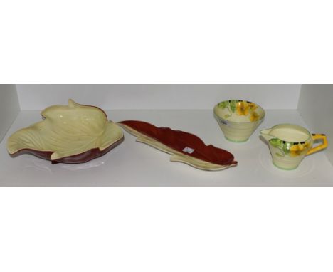 A Carltonware leaf bowl; a similar tray; an Art Deco style Paragon milk jug and sugar bowl (4)