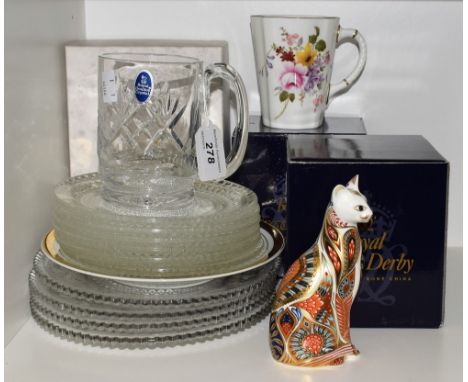 A Royal Crown Derby paperweight, Siamese Cat, silver stopper, boxed; a Posie pattern mug, boxed; a set of four late Victorian