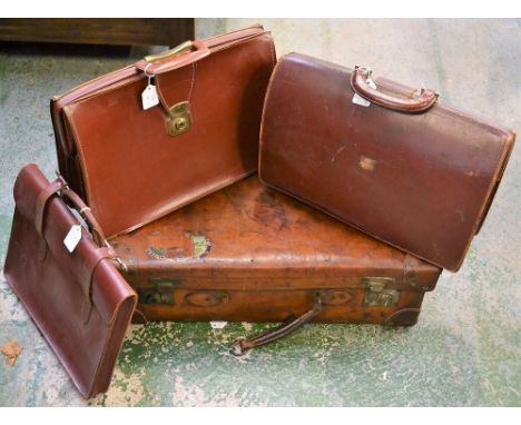 Vintage Luggage - an early 20th century leather suitcase; two leather briefcases; a leather music case (4)