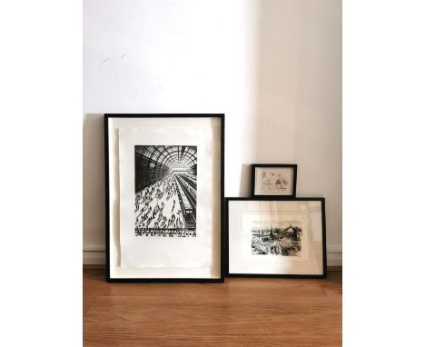 Three framed prints to include a signed and limited edition etching titled 'Arrival (Kings Cross St Pancras Station)' by John