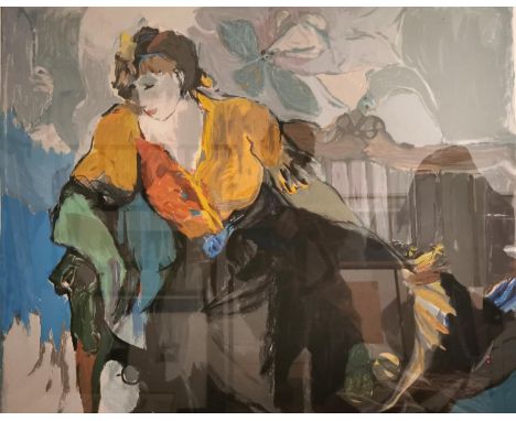 Itzchak Tarksay (1935-2012), a signed and dated limited edition serigraph print titled 'Lady in Armchair' 1976. Framed and gl