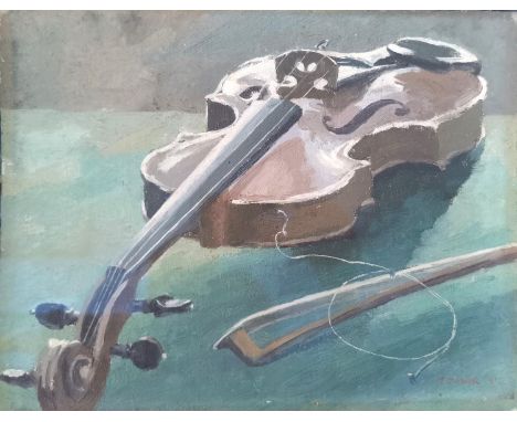 Donald Towner (1903-1985), a signed and dated oil on card, a still life violin and bow with a broken string on a green table,