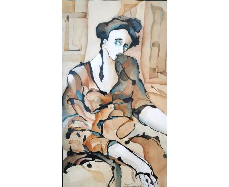 Samuel Koska (b.1947), a signed cubist style pencil, ink and watercolour study on paper titled 'Portrait of a Woman in Brown'