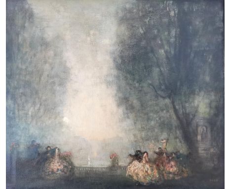 A signed Impressionist style oil on canvas, figures dancing at dusk on a veranda overlooking a grand garden. Signed Robb. Fra