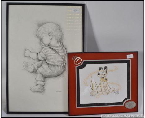 A framed and glazed pencil sketch of a baby together with a pencil and crayon Walt Disney painting of Pluto being framed and 