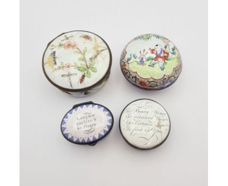 Two English enamel Patch Boxes with script to lid and mirror inside lid, a circular enamel Trinket Box decorated insects 2 1/