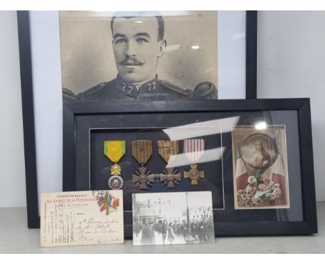 Four; WWI France, 2x The War Cross 1914-18, Combatant's Cross and Valeur Et Discipline Medal, framed with Postcard; together 