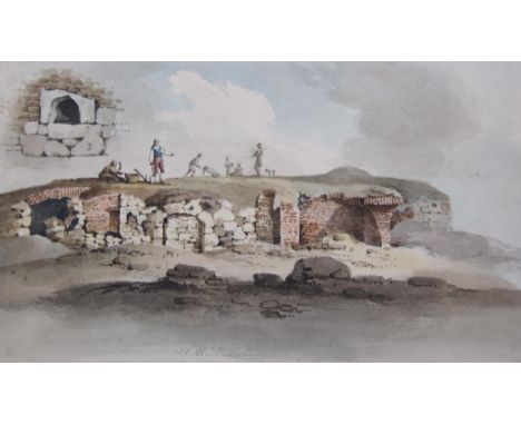 ENGLISH SCHOOL, EARLY 19th CENTURY. An Archaeological Dig, watercolour, 5 x 9 1/4 in; a pen and ink sketch of a nymph by a fo