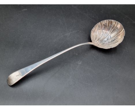 A George III bottom marked silver Soup Ladle old english pattern with shell bowl, engraved crest, London 1770, 172gms