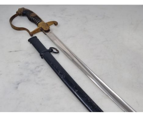 A 19th Century Continental Naval Officer's Sword with brass lion mask pommel and 'P' shaped guard, slightly curved blade and 