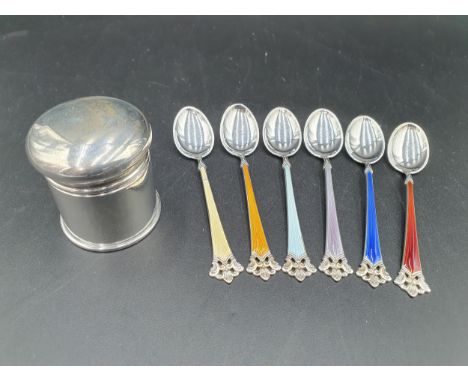 Six Norwegian silver and various coloured enamel Coffee Spoons, one chipped, and an Edward VII silver circular lidded Box, Ch