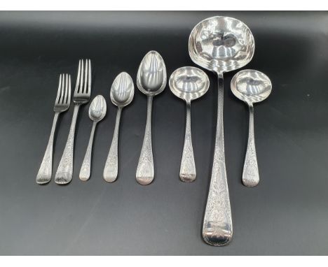 A Victorian silver Set of Cutlery for twelve, old english pattern with bright cut decoration engraved Binyon crest and initia