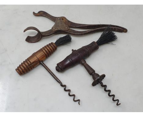 A Henshall style Direct Pull Corkscrew with turned treen handle and Dusting Brush, another treen handled Straight Push Corksc