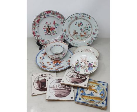 Three antique Dutch manganese Delft Tiles, another Delft Tile with rabbit decoration, A/F, an Oriental Pedestal Bowl, A/F, tw