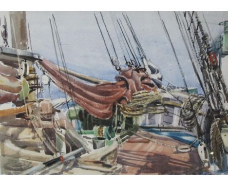 ARTHUR ROYCE BRADBURY ARWA (1892-1977) On the Deck of the Isabel, Poole Quay, signed, watercolour, 11 1/2 x 16 in 
